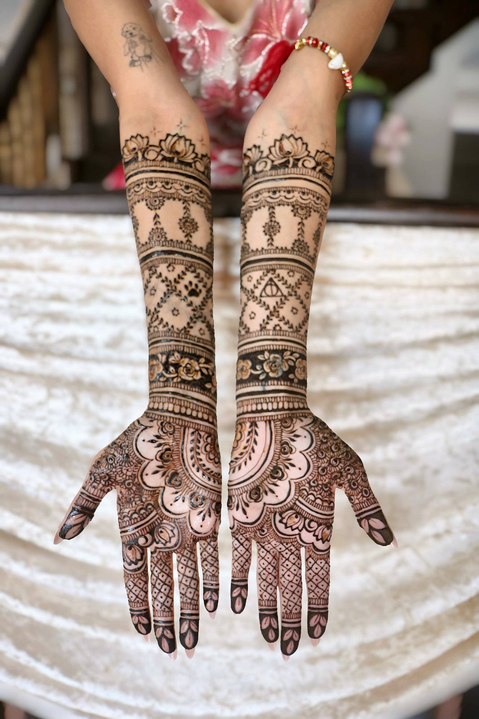 Bridal henna covering both arms and palms with geometric bands